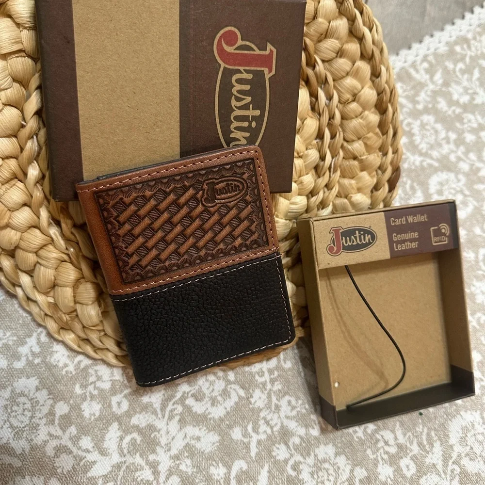 New Justin Boots Mens Leather Wallet Bi Fold Basketweave Card Wallet Brown Black